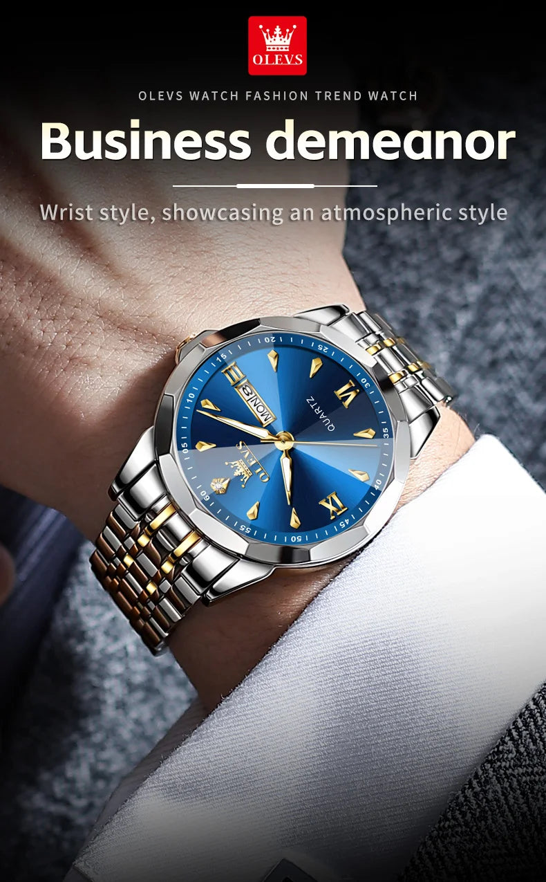 OLEVS 9998 Mens Watch Original Rhombus Mirror Quartz Mature Man Watch Waterproof Luminous Dual Calendar Display Watch For Man