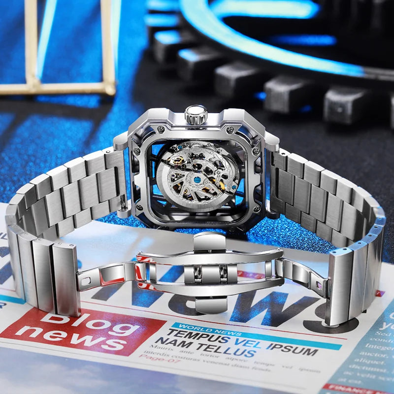 Square Skeleton Dial Mens Watches Top Brand Luxury Luminous Sports Automatic Mechanical Watch Waterproof Steel Reloj Hombre
