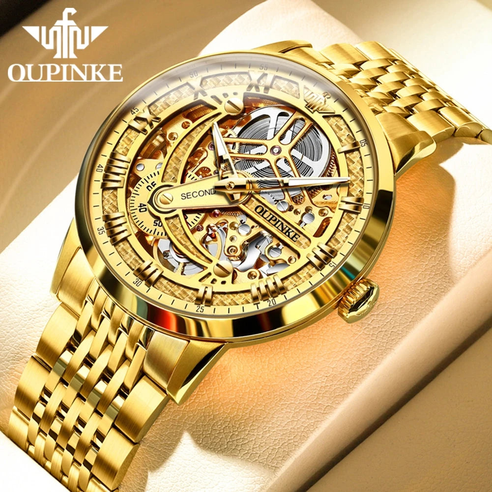 OUPINKE 3173 Luxury Gold Mechanical Watch For Men Hollow Top Brand Original Automatic Wristwatch 50M Waterproof Luminous Watches