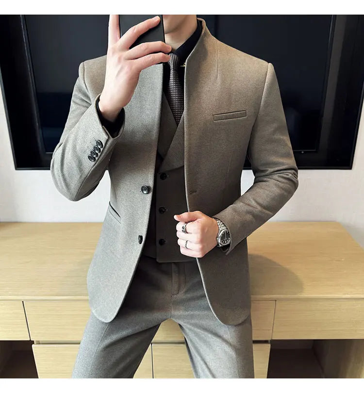 Korean Style Men's Suit Set Slim Fit Business Suit Wool Blazer Three Piece Set Elegant Social Formal Men's Clothing 5XL-M