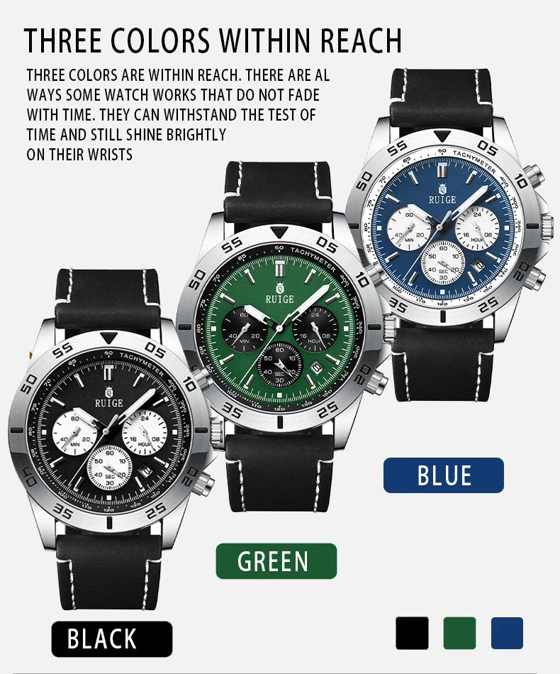 RUIGE Men's Watch Fashionable Men's Multi functional Watch Waterproof Glow Leather Strap Wrist Watch