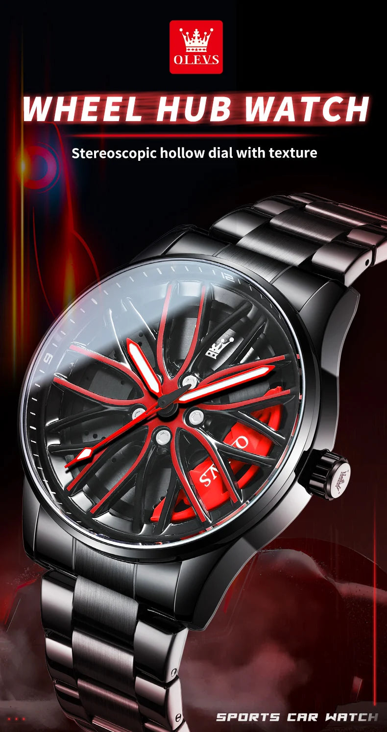 OLEVS Men Quartz Watch Car Wheel Rim Hub Dial Male Wristwatch Cool Man Black Red Waterproof Watches Full Steel Relogio Masculino