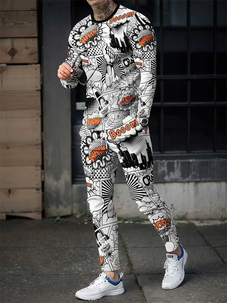 2024 New 3D Skull Print Men's Long Sleeve T-shirt And Pants Autumn Everyday Casual Men's Fashion Halloween Suit Two-piece