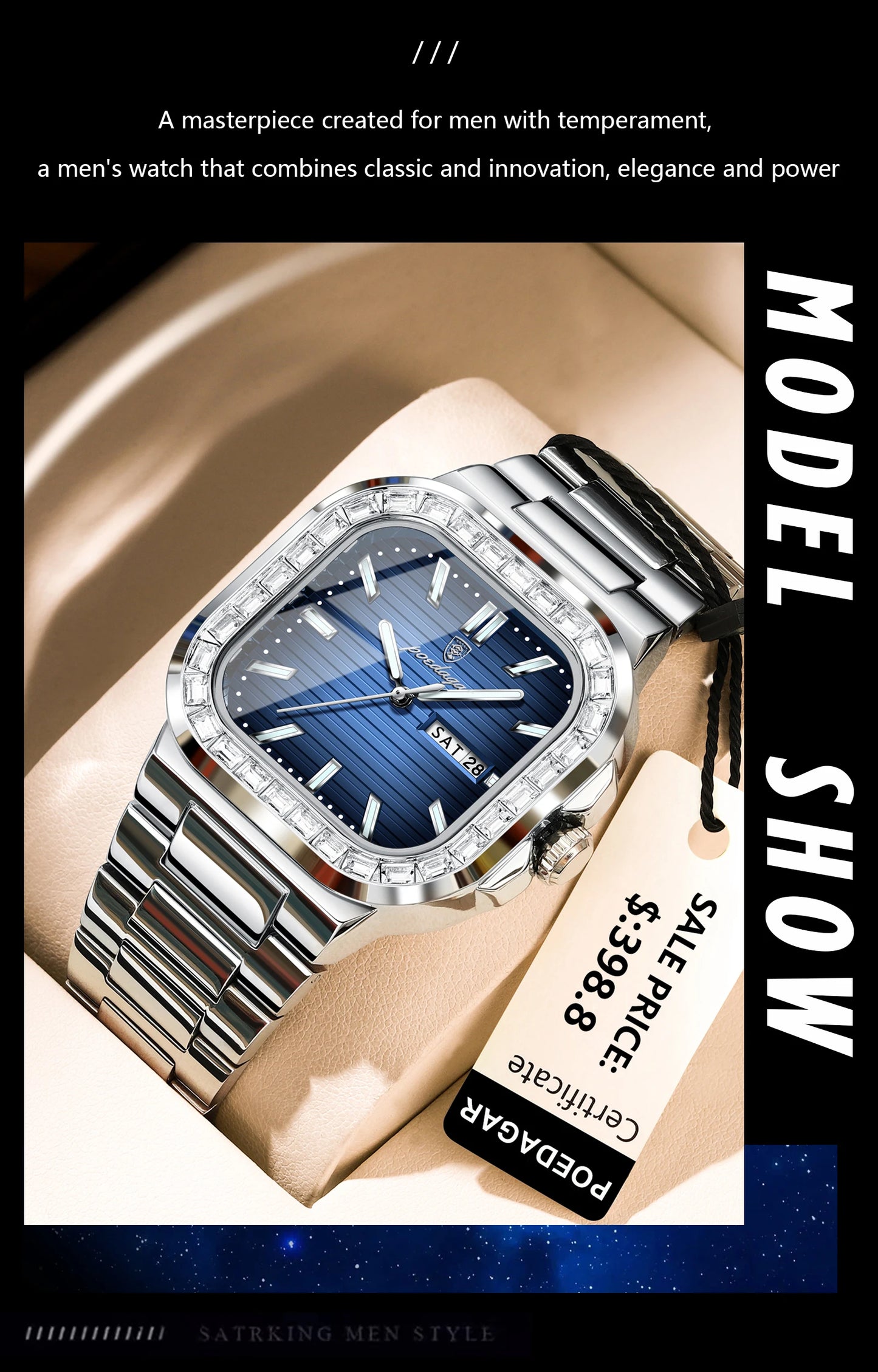POEDAGAR Top Brand Luxury Watch for Men Waterproof Luminous Date Week Man Wristwatch Stainless Steel Square Quartz Men's Watches