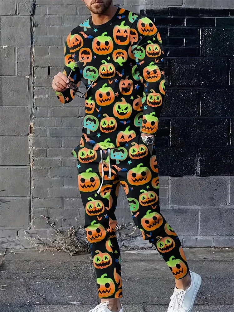 2024 New 3D Skull Print Men's Long Sleeve T-shirt And Pants Autumn Everyday Casual Men's Fashion Halloween Suit Two-piece
