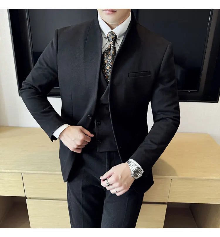 Korean Style Men's Suit Set Slim Fit Business Suit Wool Blazer Three Piece Set Elegant Social Formal Men's Clothing 5XL-M