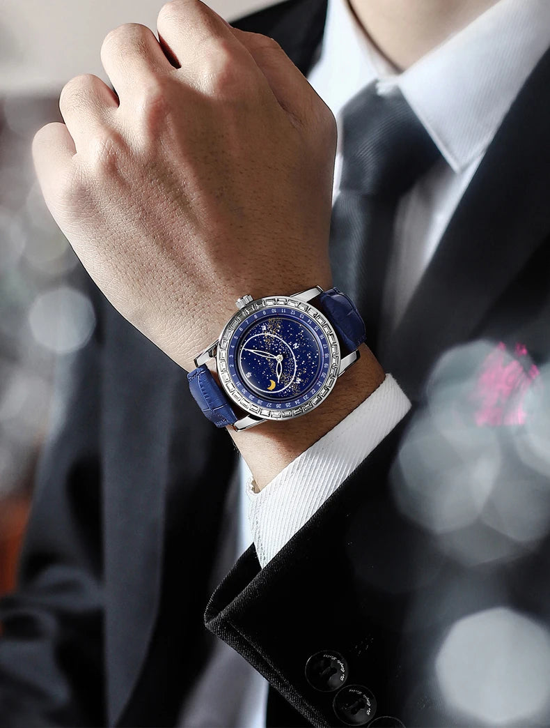 BINBOND Brand Rotating All Over The Sky Empty Diamond Men Watches Fashion Business Sun Moon Stars Waterproof Luminous Men Watch