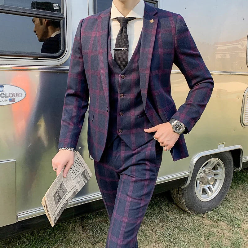 Blazers Pants Set 2 Pieces Set, 2024 Men's Business Casual Men Plaid Suit Jacket and Trousers, Asian Size M-5XL