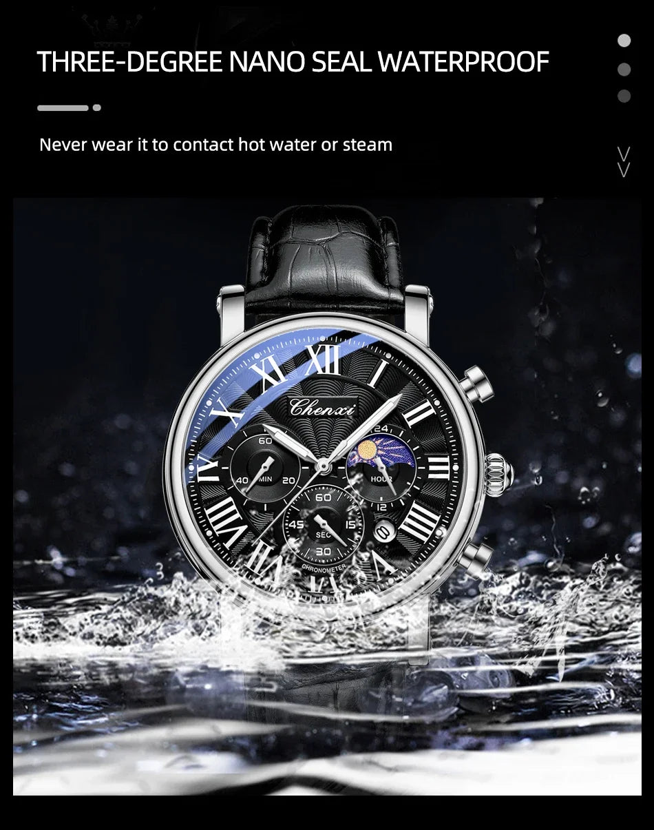 CHENXI 2024 Watches For Men Leather Strap Skeleton Quartz Sweep Second Movement Mens Watch Waterproof Chronograph Wristwatches