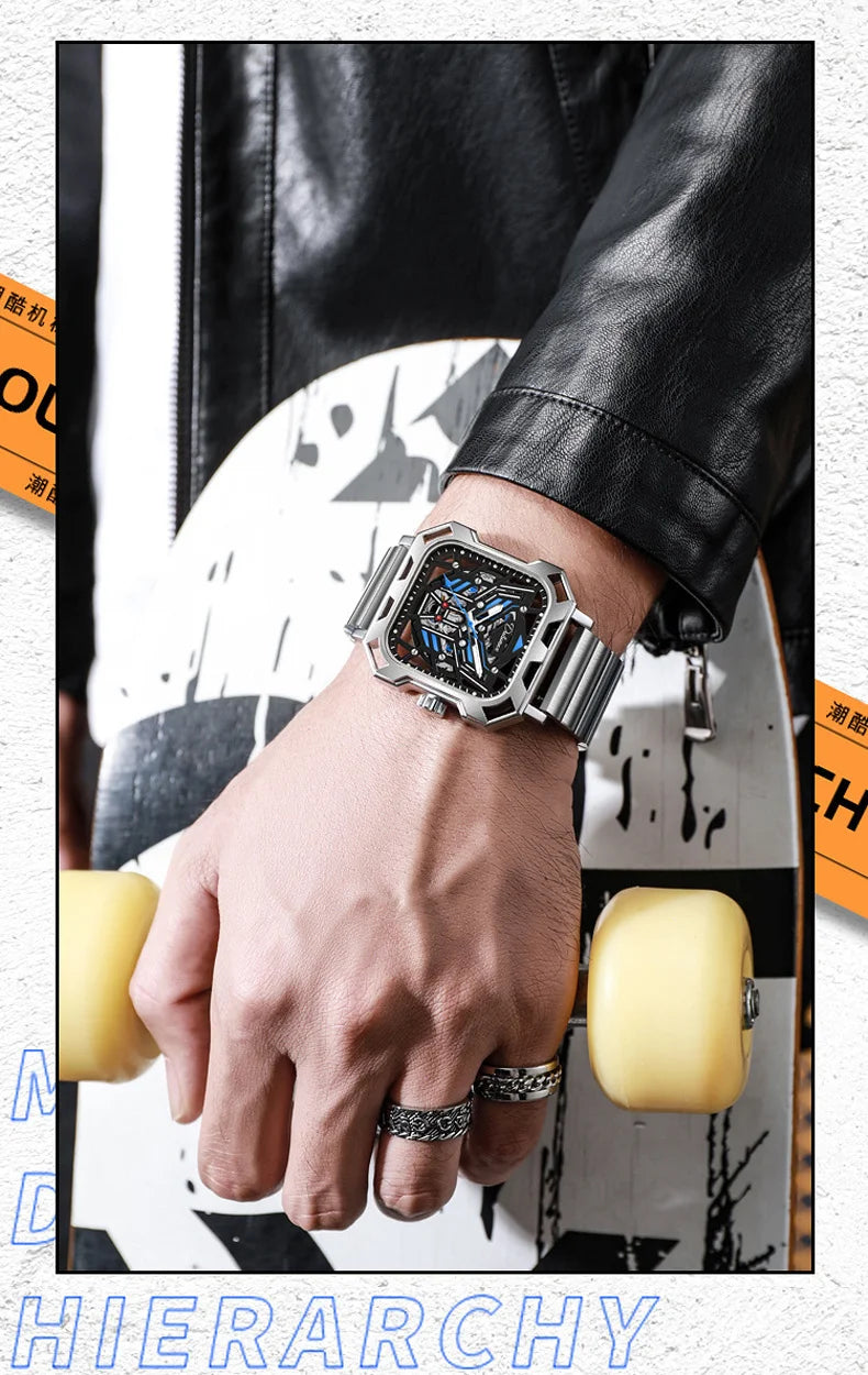 Square Skeleton Dial Mens Watches Top Brand Luxury Luminous Sports Automatic Mechanical Watch Waterproof Steel Reloj Hombre