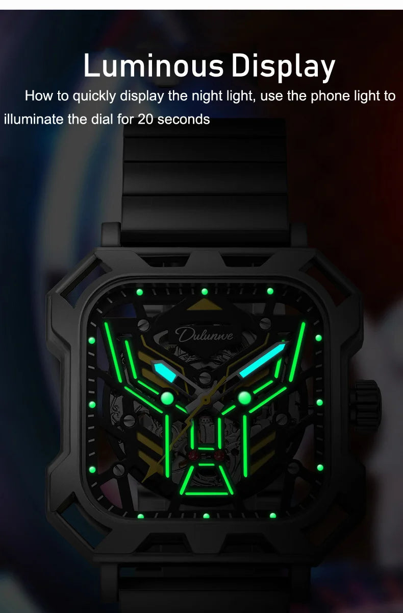 Square Skeleton Dial Mens Watches Top Brand Luxury Luminous Sports Automatic Mechanical Watch Waterproof Steel Reloj Hombre