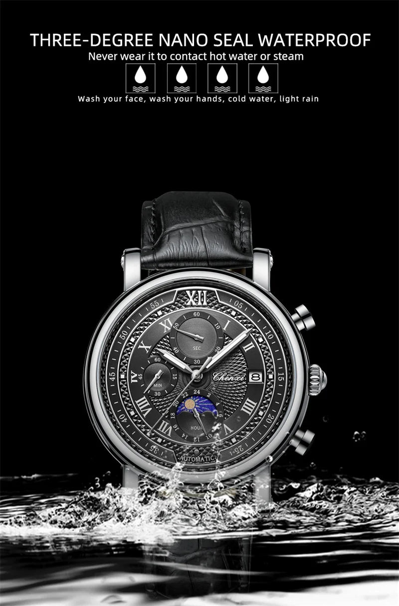 CHENXI 976 Men's Watch Leather Chronograph Date Quartz Watches Phase Moon Timing Business Luminous Wrist Watch Relojes para
