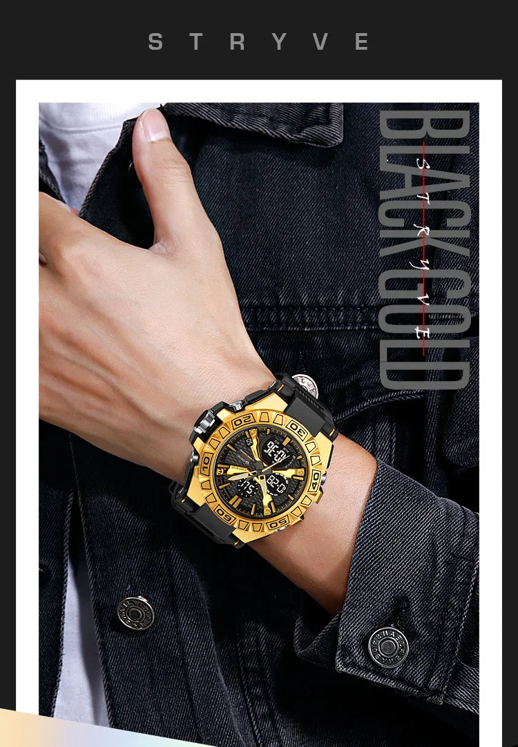 STRYVE Men's Watches 50M Waterproof Clock Alarm Reloj Hombre 8026 Dual Display Wristwatch Quartz Digital Clock Men