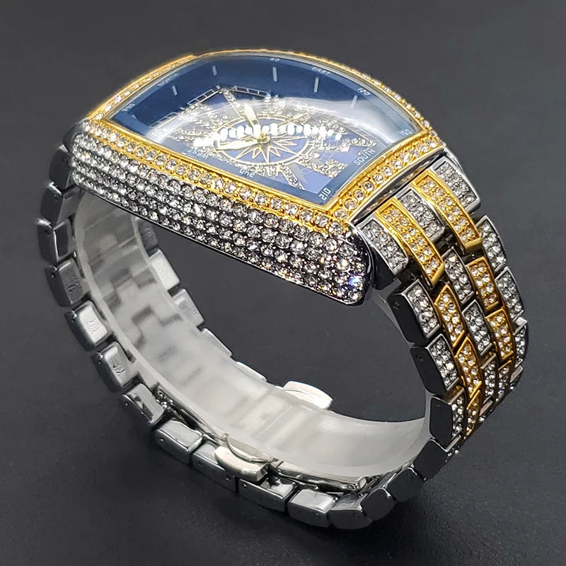Classic 55mm Black Dial Wristwatch Men Famous Brand Diamond Silver Quartz Watch Original Ice Out Shiny Waterproof Clock 2023 New