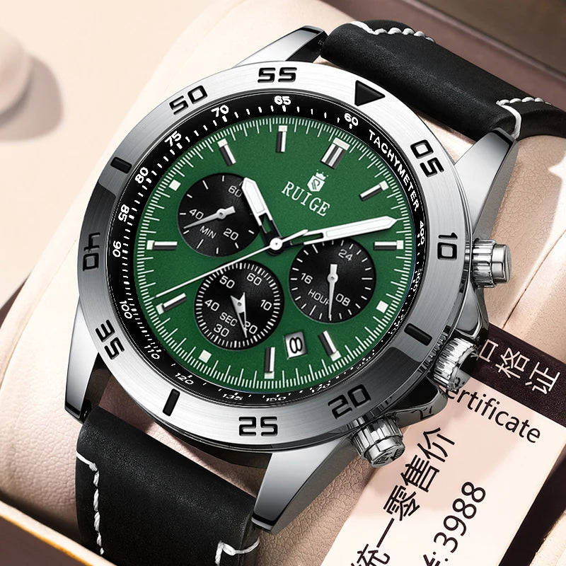 RUIGE Men's Watch Fashionable Men's Multi functional Watch Waterproof Glow Leather Strap Wrist Watch