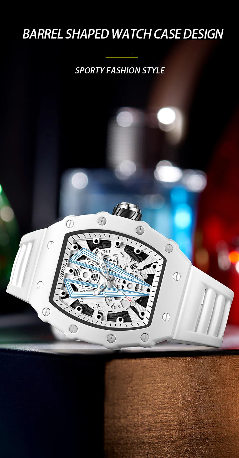 ONOLA Tonneau Mens Watch Fashion White Male Clock Luminous Calendar Water Resistant Silicone Tape Watches for Men Reloj Hombre