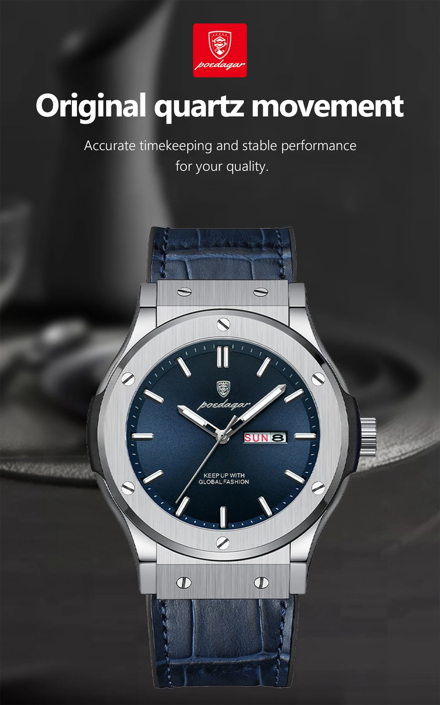 POEDAGAR Men's Watches Trend Fashion Original Quartz Watch for Man Waterproof Leather Strap Luminous Date Week Wristwatch Reloj
