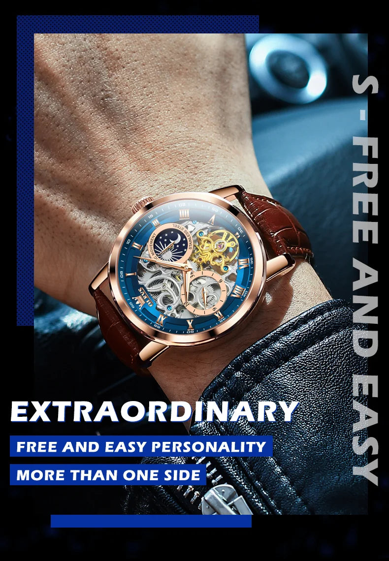 OLEVS Mens Watches Top Brand Luxury Moon Phase Tourbillon Mechanical Watch for Men Automatic Skeleton Watch Relogio Masculino