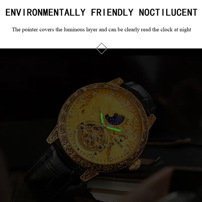 SKROX Original Gold Tiger Diamond Elegant Men's Watch Moon Phase Tourbillon Automatic Mechanical High-end Luxury Male Clockwork