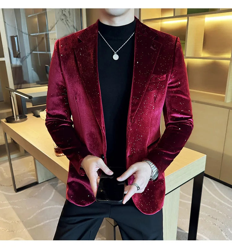 2024 Autumn New Velvet Jacket Men's Blazer Business Fashion Hot Stamping Printed Suit Jacket High-quality Luxury Dress Suit