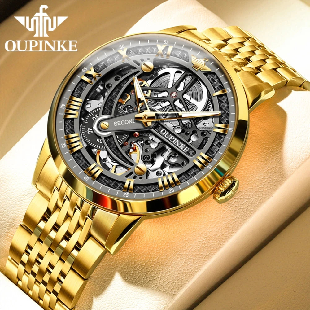 OUPINKE 3173 Luxury Gold Mechanical Watch For Men Hollow Top Brand Original Automatic Wristwatch 50M Waterproof Luminous Watches