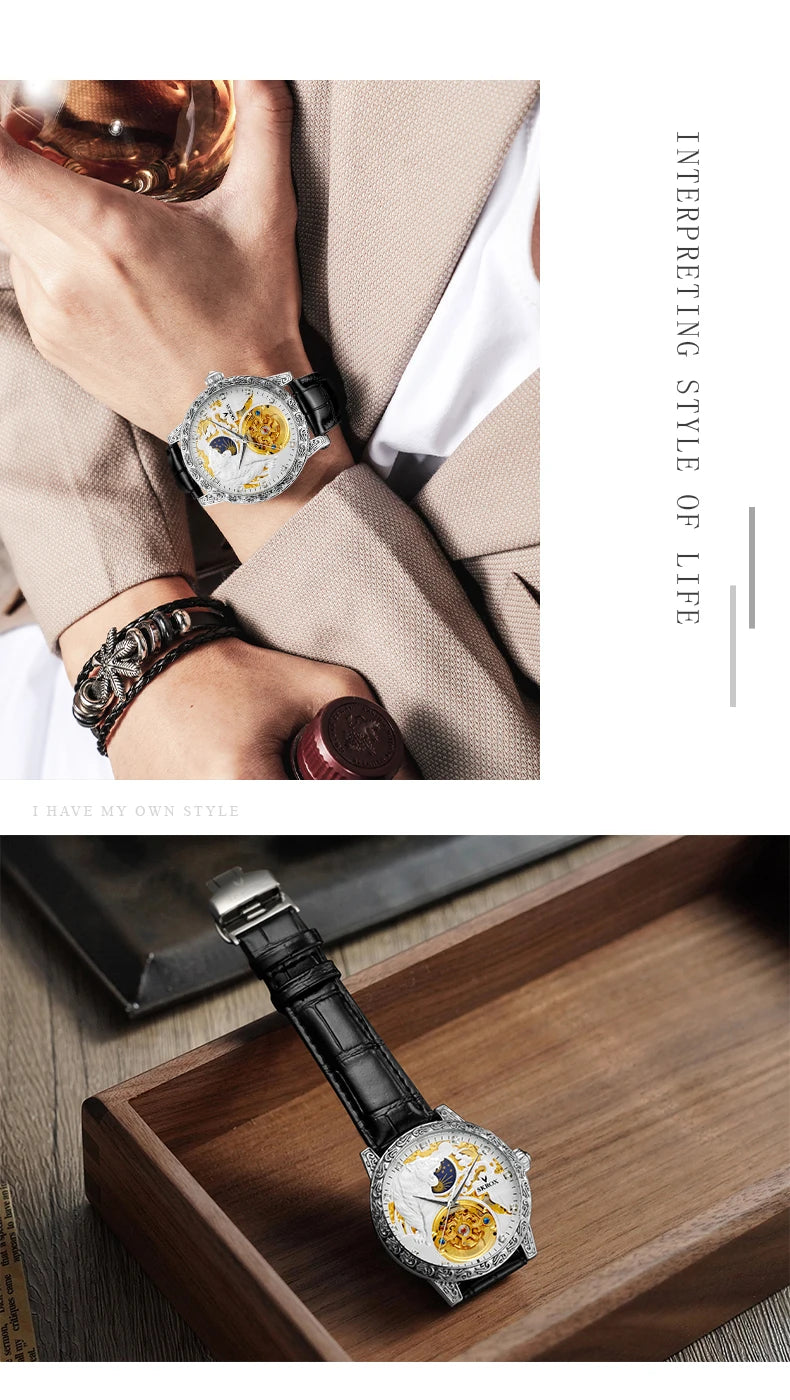 SKROX Original Gold Tiger Diamond Elegant Men's Watch Moon Phase Tourbillon Automatic Mechanical High-end Luxury Male Clockwork