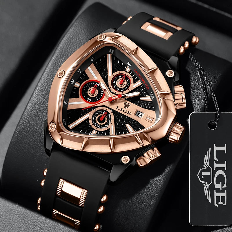 LIGE Fashion Men Watch Triangle Chronograph Military Wristwatch Sport Army Mens Watches Luxury Waterproof Quartz Clock Man Reloj