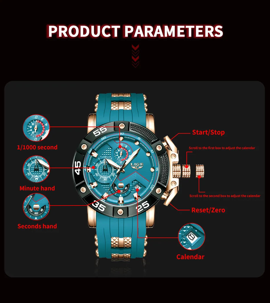 LIGE Mens Watches Top Brand Luxury Big Dial Watch Men Silicone Military Sports Waterproof Quartz Watch For Men Relogio Masculino