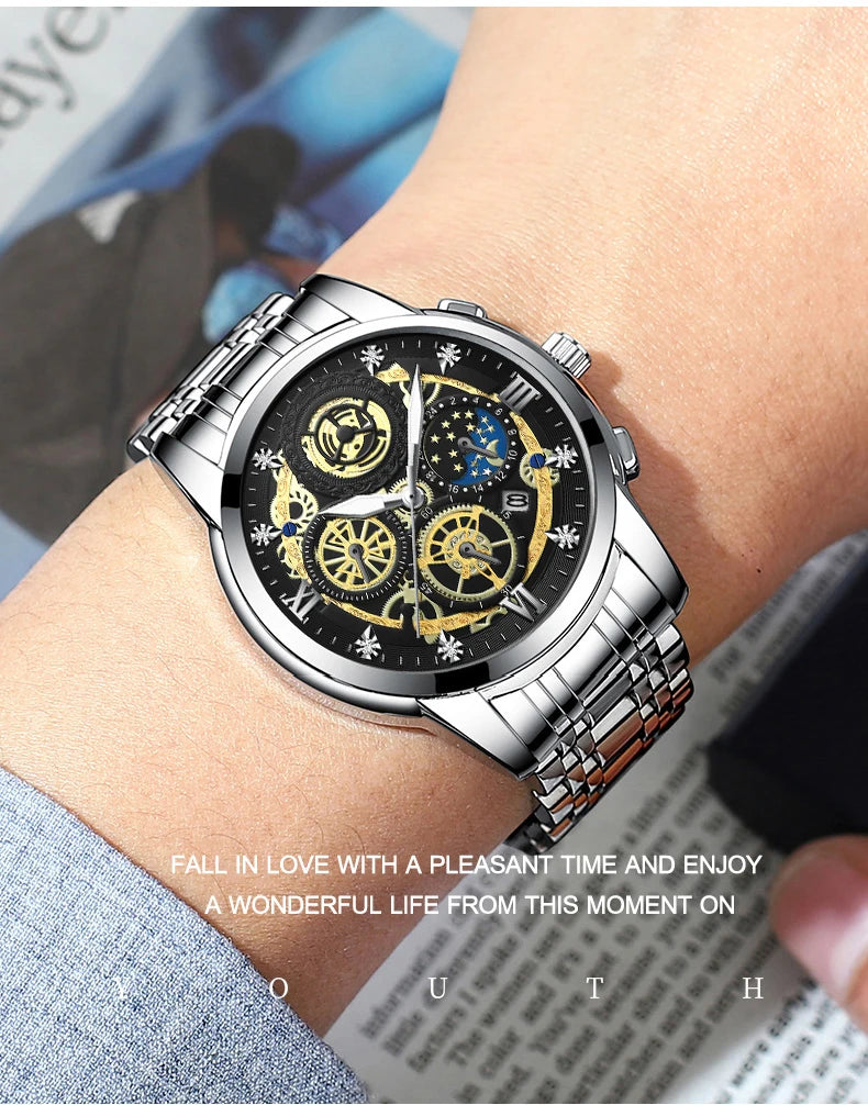 BINBOND B4010 Fashion Casual Quartz Men Watch Luxury Stainless Steel Strap Dial 30M Waterproof Luminous Business Men Wristwatch