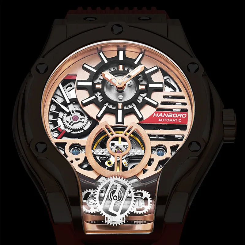 HANBORO Car Design Mechanic Watch Luxury Men Watches Mechanical Wristwatches Earth Skeleton Flywheel Watch Orologio Uomo