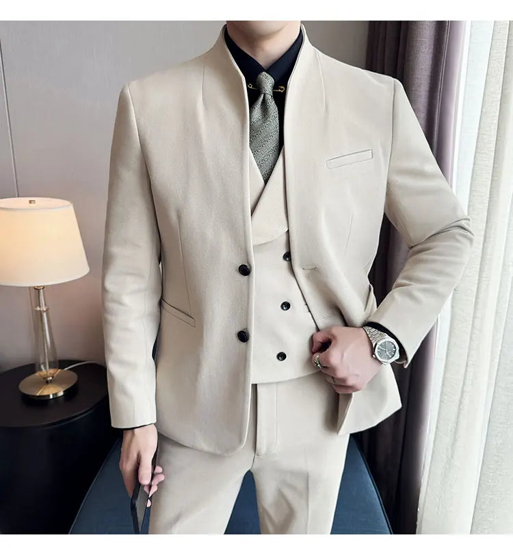 Korean Style Men's Suit Set Slim Fit Business Suit Wool Blazer Three Piece Set Elegant Social Formal Men's Clothing 5XL-M
