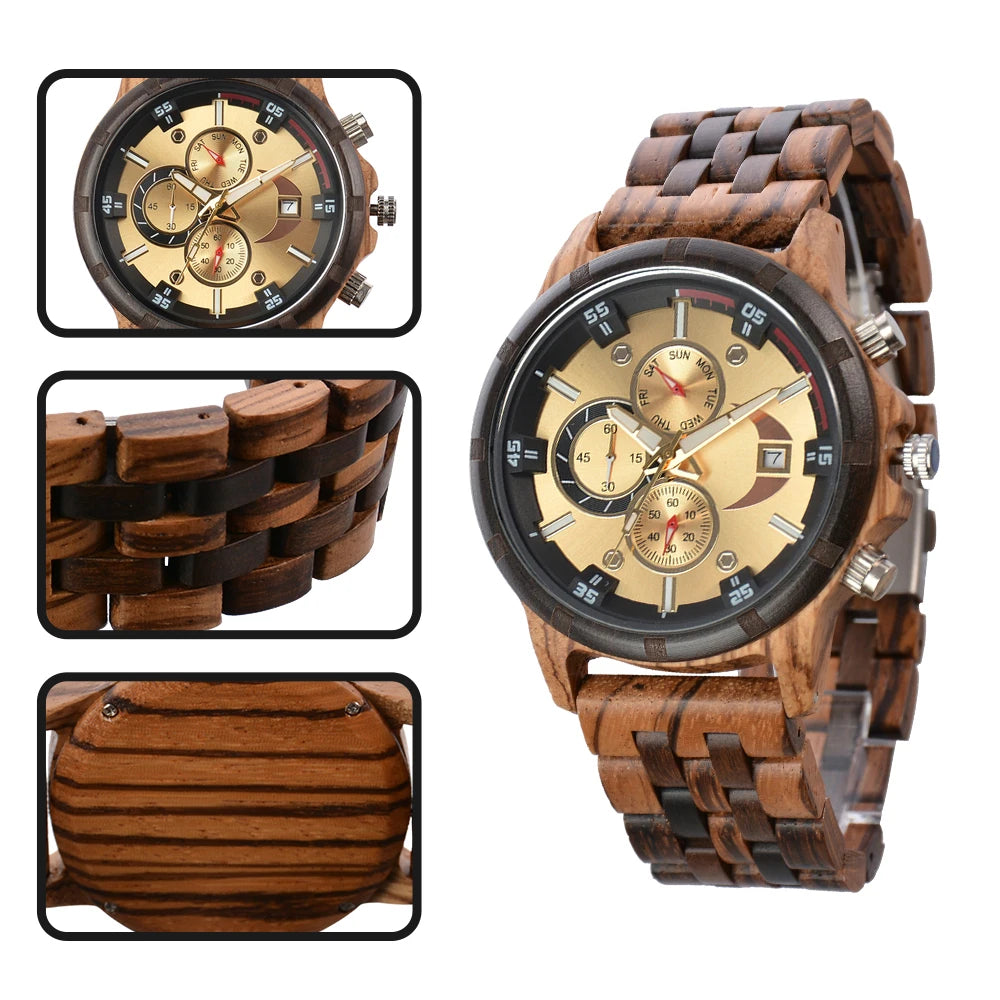 Men's Wooden Wrist Watches for Men Chronograph Fashion Wristwatches Business Blue Wood Mens Watches Clock reloj madera hombre