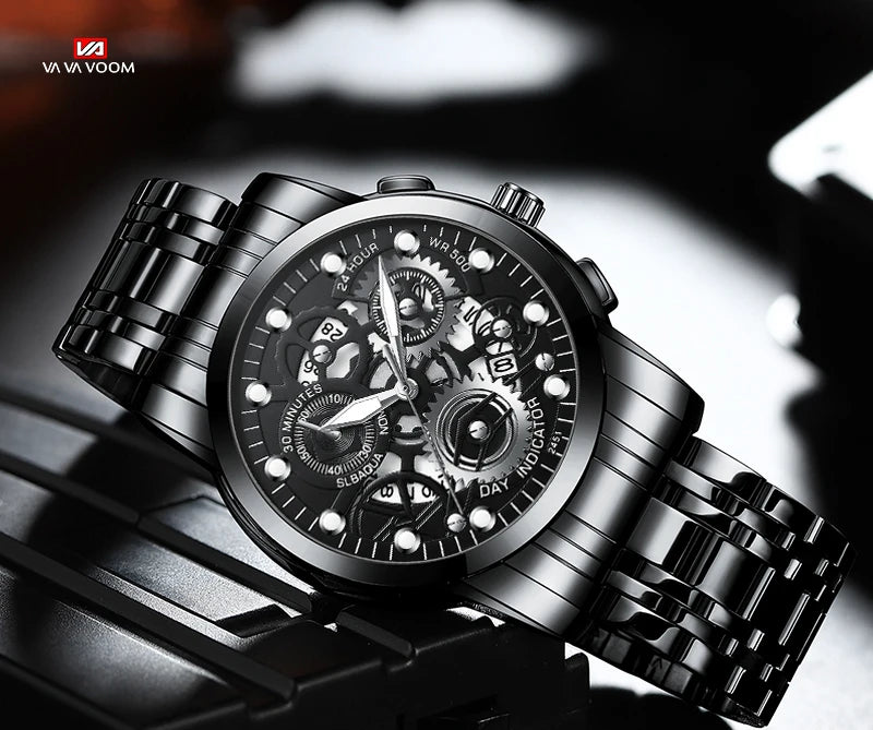 Men's Business Watch Skeleton Design Fashion Mechanical Style Stainless Steel Quartz Movement Calendar Waterproof Men WristWatch