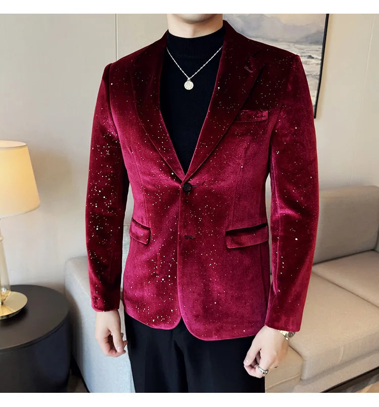 2024 Autumn New Velvet Jacket Men's Blazer Business Fashion Hot Stamping Printed Suit Jacket High-quality Luxury Dress Suit