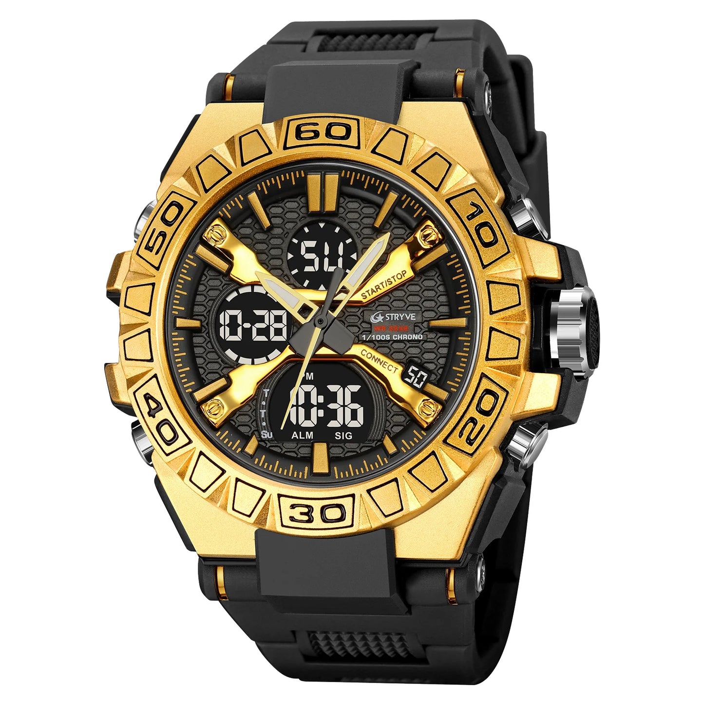 STRYVE Men's Watches 50M Waterproof Clock Alarm Reloj Hombre 8026 Dual Display Wristwatch Quartz Digital Clock Men