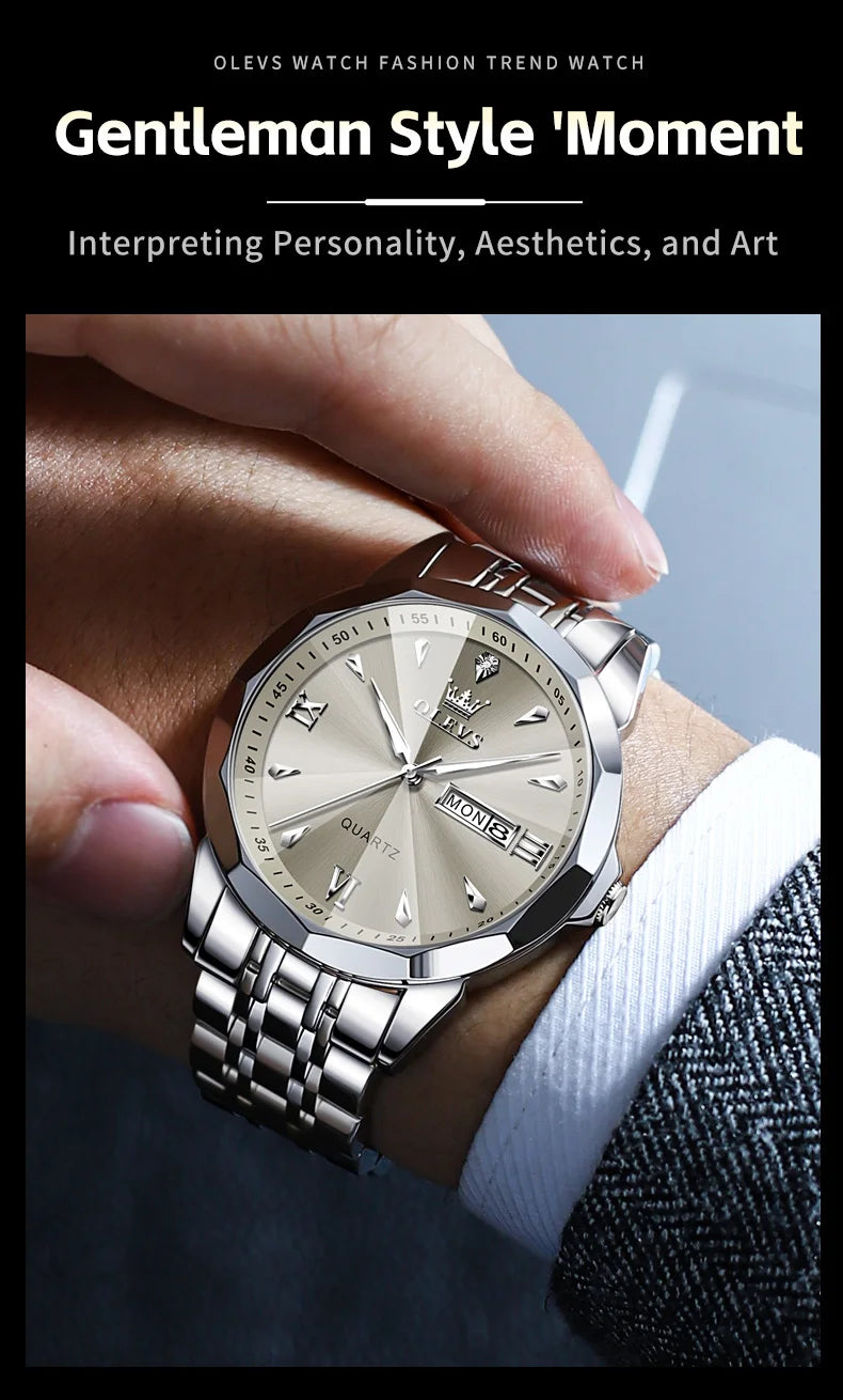 OLEVS 9998 Mens Watch Original Rhombus Mirror Quartz Mature Man Watch Waterproof Luminous Dual Calendar Display Watch For Man