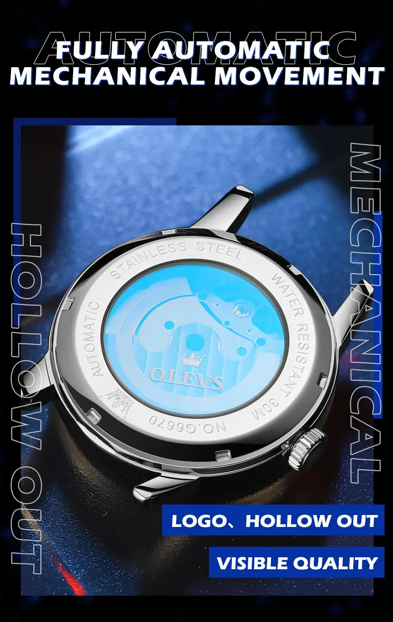 OLEVS Mens Watches Top Brand Luxury Moon Phase Tourbillon Mechanical Watch for Men Automatic Skeleton Watch Relogio Masculino
