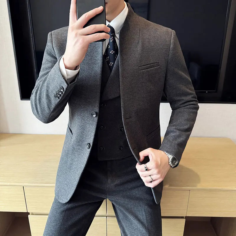 Korean Style Men's Suit Set Slim Fit Business Suit Wool Blazer Three Piece Set Elegant Social Formal Men's Clothing 5XL-M