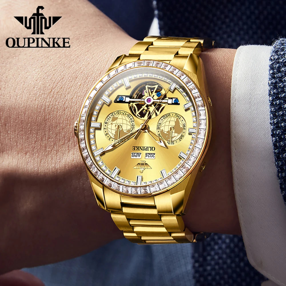 OUPINKE 3280 Mechanical Watch for Men Luxury Full Diamond Flywheel Skeleton Gold Stainless steel Date Automatic Men's Watch