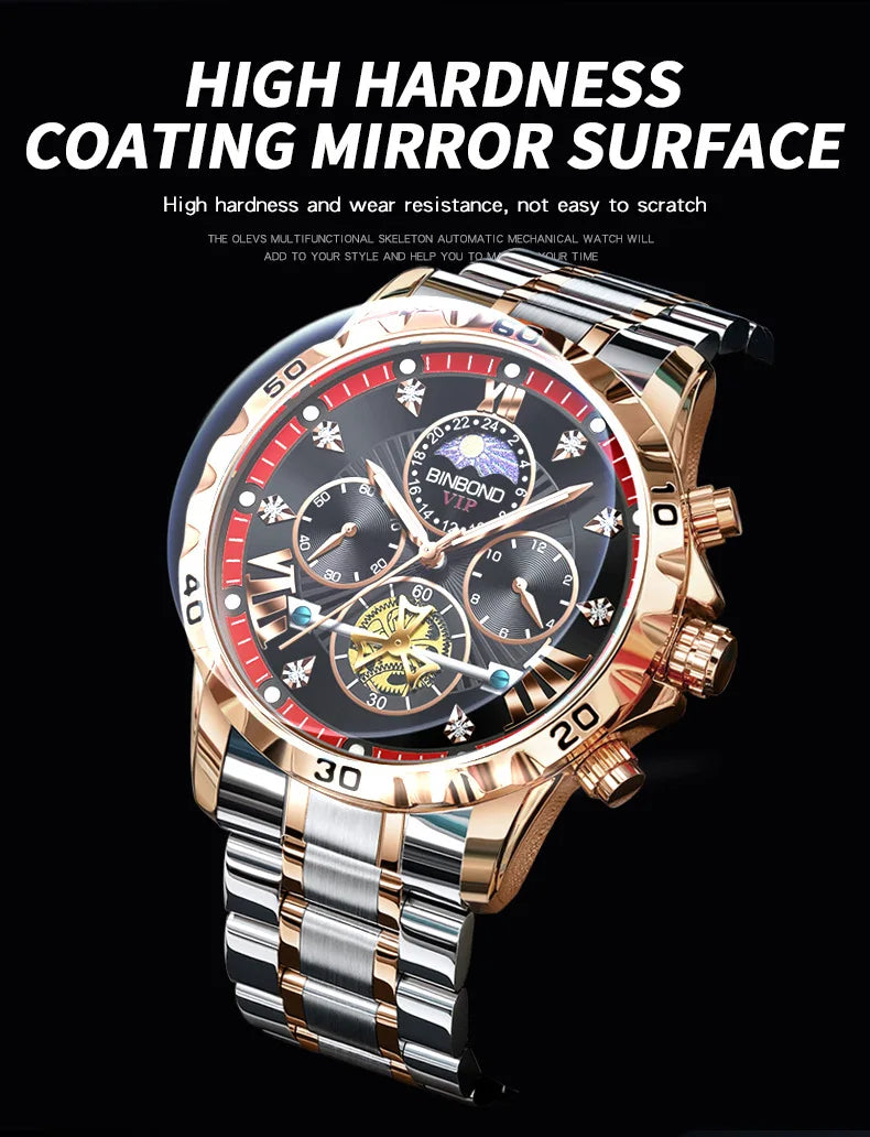 BINBOND Men's Watches Young Fashion Original Quartz Watch for Man Waterproof Luminous Flywheel Chronograph Moon Phase Casual