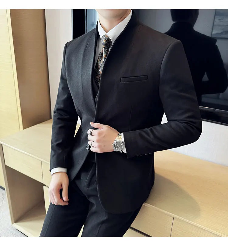 Korean Style Men's Suit Set Slim Fit Business Suit Wool Blazer Three Piece Set Elegant Social Formal Men's Clothing 5XL-M