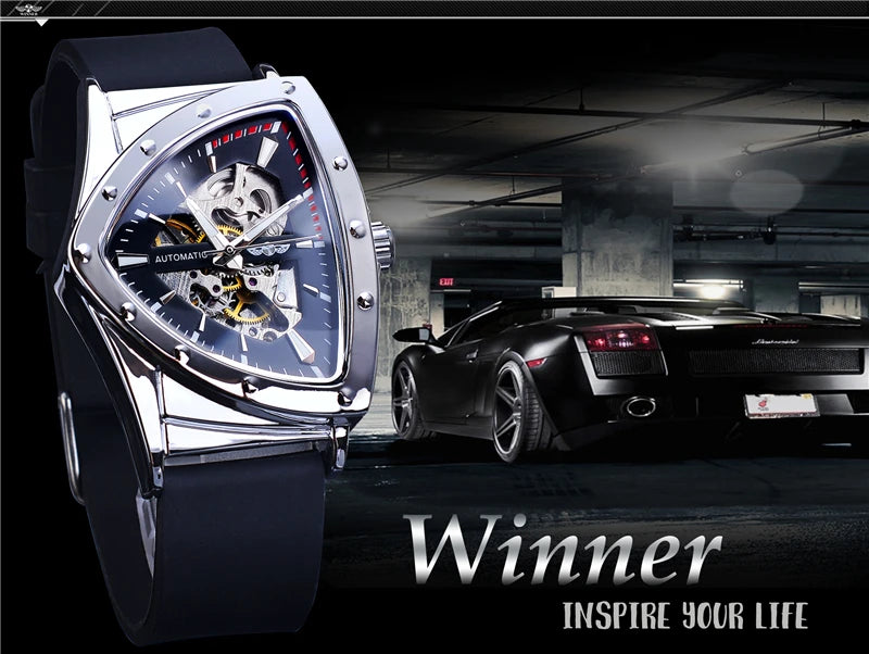 Winner 395R WINNER Minimalist Automatic Watch for Men Creative Triangle Dial Brand Luxury Business Mechanical Watches Silicone