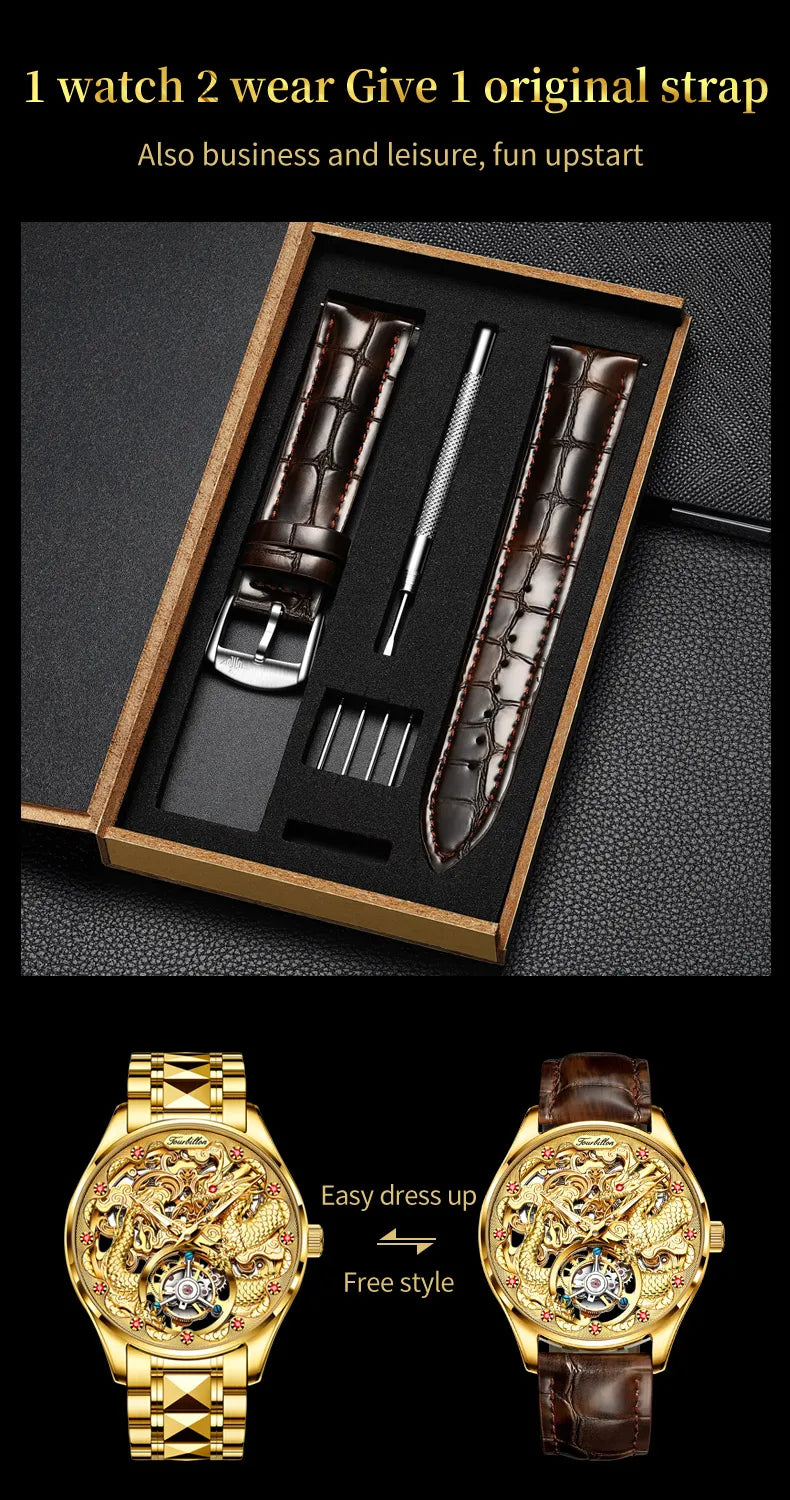 OUPINKE 3176 Luxury High end Fully Automatic Mechanical Tourbillon Watch Full Golden Dragon Dial Watch Sapphire Mirror Men Watch
