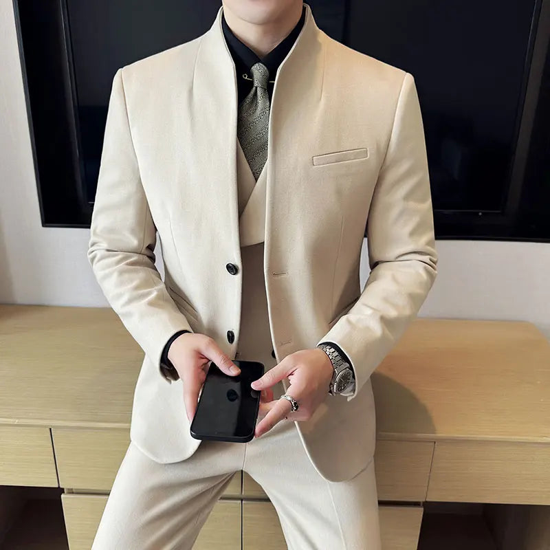 Korean Style Men's Suit Set Slim Fit Business Suit Wool Blazer Three Piece Set Elegant Social Formal Men's Clothing 5XL-M