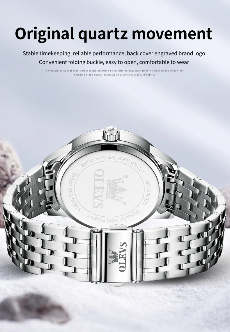 OLEVS 3633 Men's Watch Business Simply Original Quartz Watch for Man Waterproof Luminous Stainless Steel Dual Calendar Display