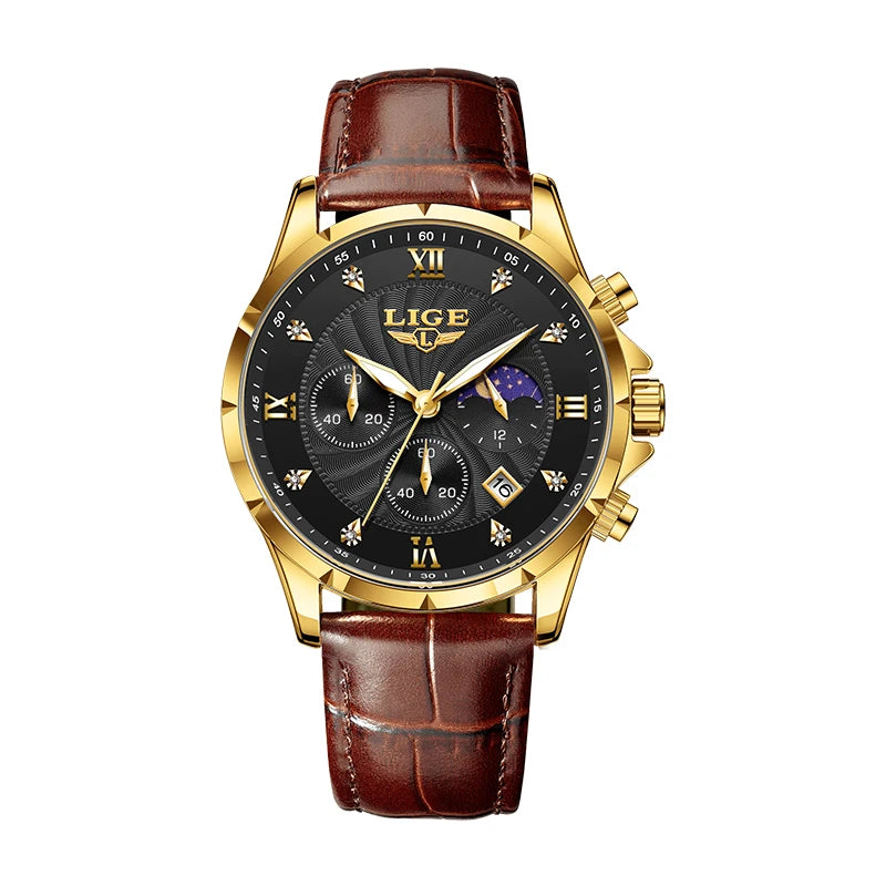 LIGE Men's Watch Luxury Business Luminous Waterproof Leather Watches Moon Phase Week Date Casual Quartz Watch Men Reloj hombre
