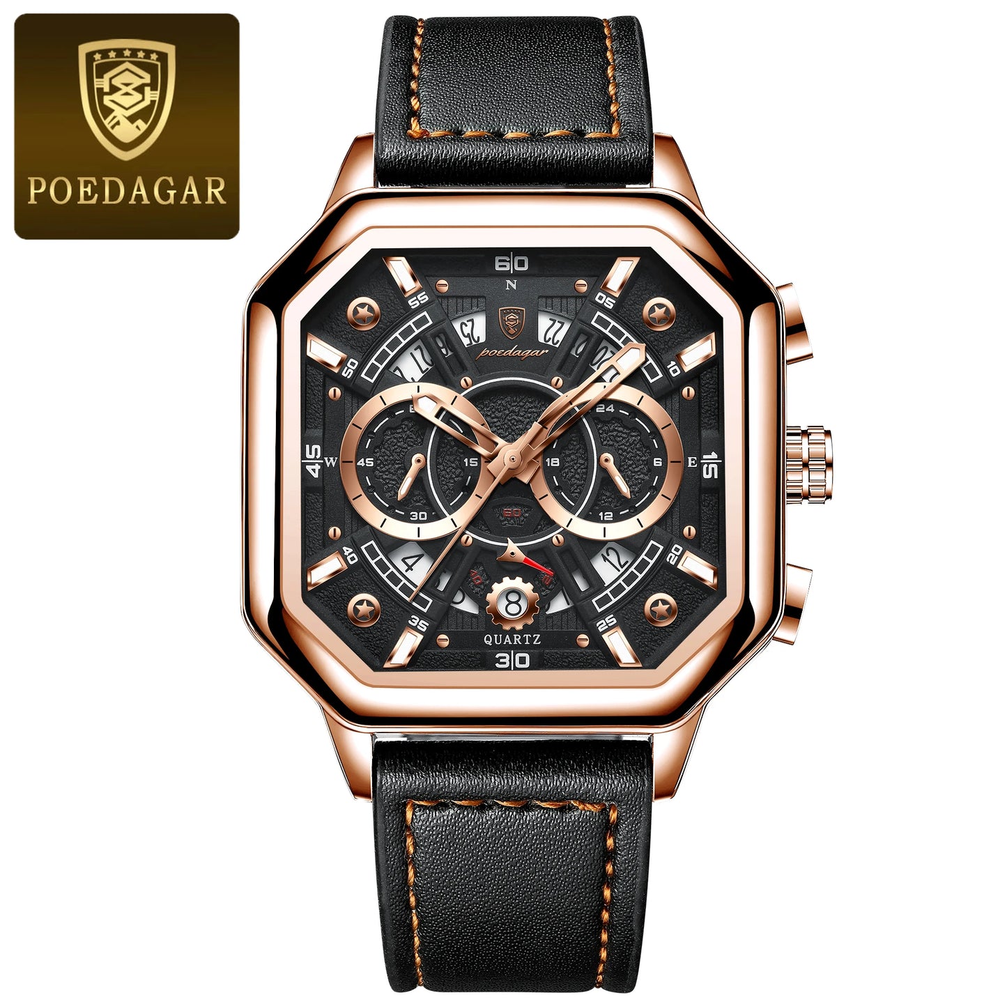 POEDAGAR Luxury Chronograph Square Man Watch Waterproof Luminous Date Men Watch Sports Leather Men's Watches Quartz Reloj Hombre