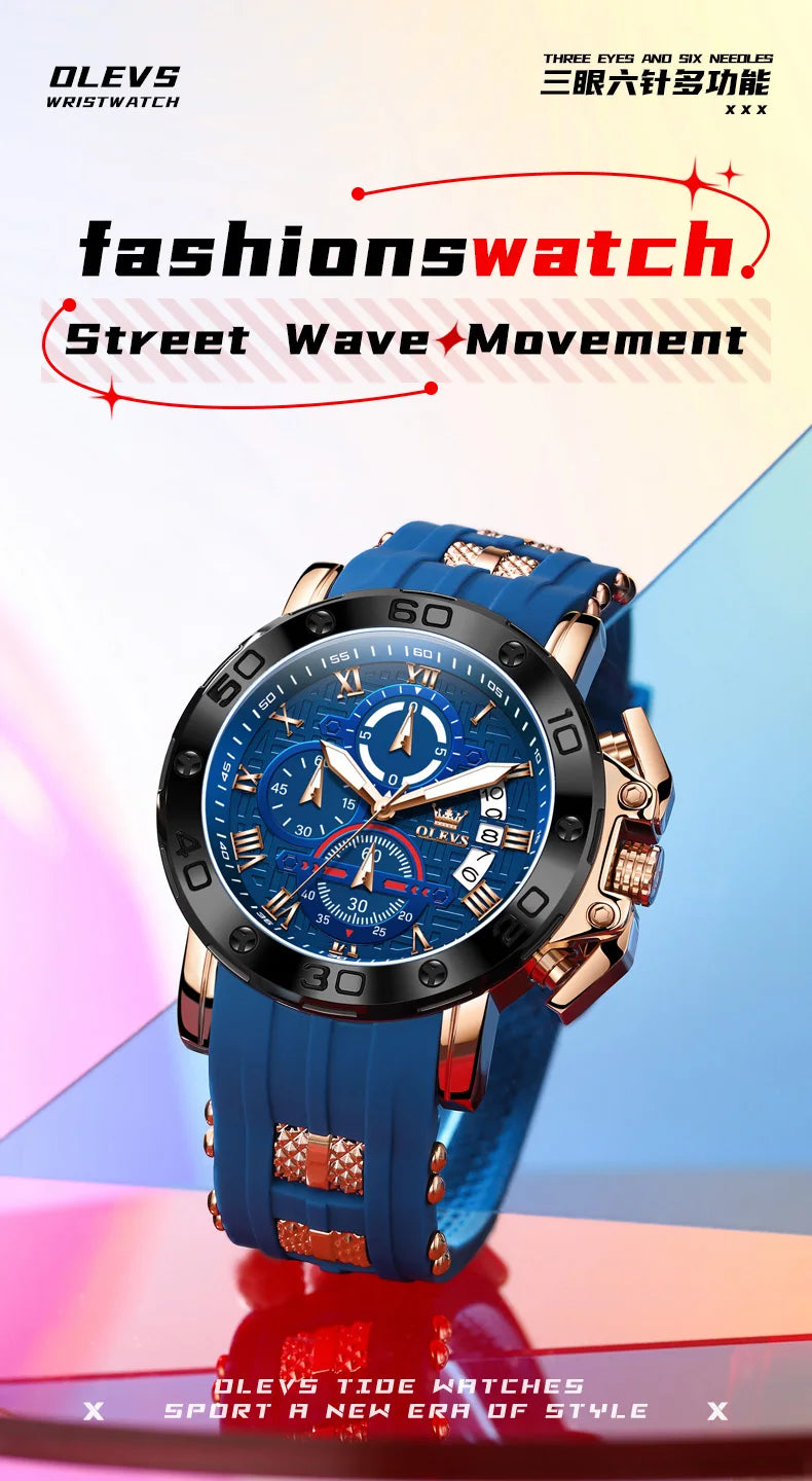 OLEVS 9986 Men Watch Silicone Strap Sports Multi functional Waterproof Luminous Timing Code Watch Luxury Brand Men Quartz Watch