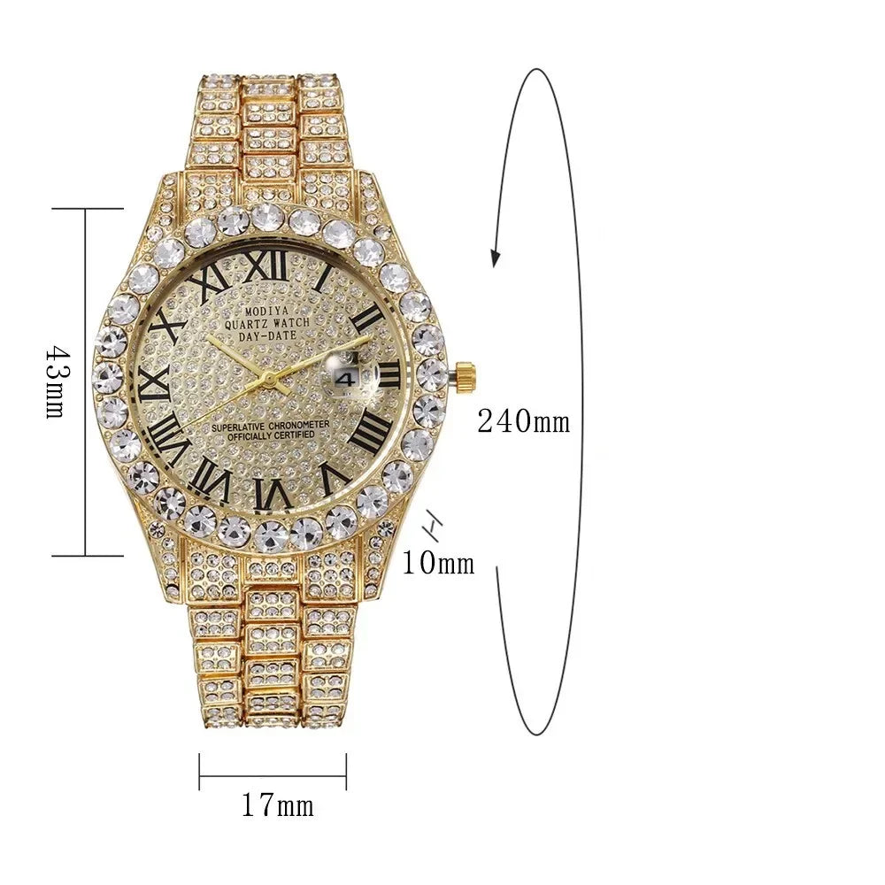 Luxury Men Watch Classic Golden Men Steel Strap Roman Rhinestone Calendar Quartz Watch Fashion Male Wristwatch Relogio Masculino