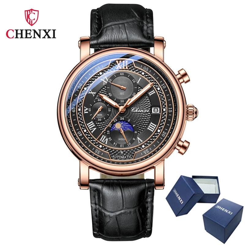 CHENXI 976 Men's Watch Leather Chronograph Date Quartz Watches Phase Moon Timing Business Luminous Wrist Watch Relojes para